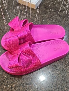 INC International Concepts Hot Pink Bow Slide Sandals with Rhinestone Detail